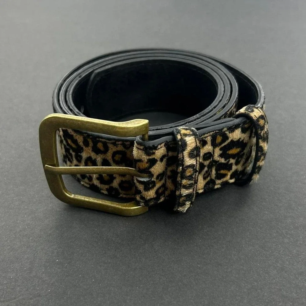 Vintage style cheetah leopard print fur belt american boho black and tan